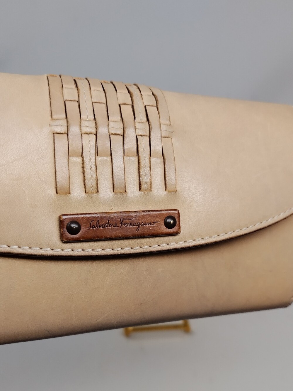 Salvatore Ferragamo Tan Woven-Accent Calf Leather Long Wallet